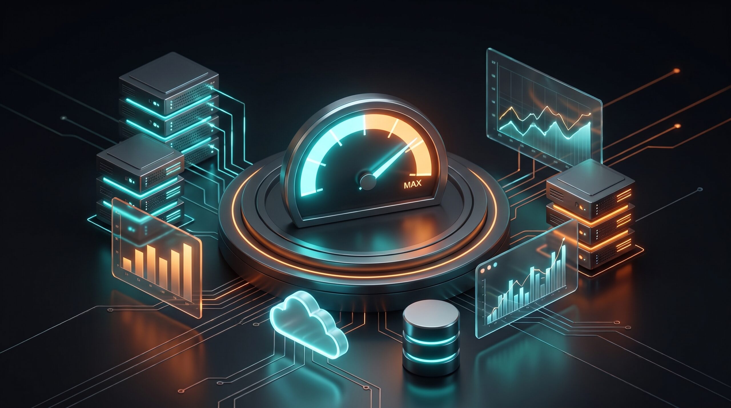 Isometric illustration of a performance gauge, servers, database and cloud icon representing Astro's static rendering speed