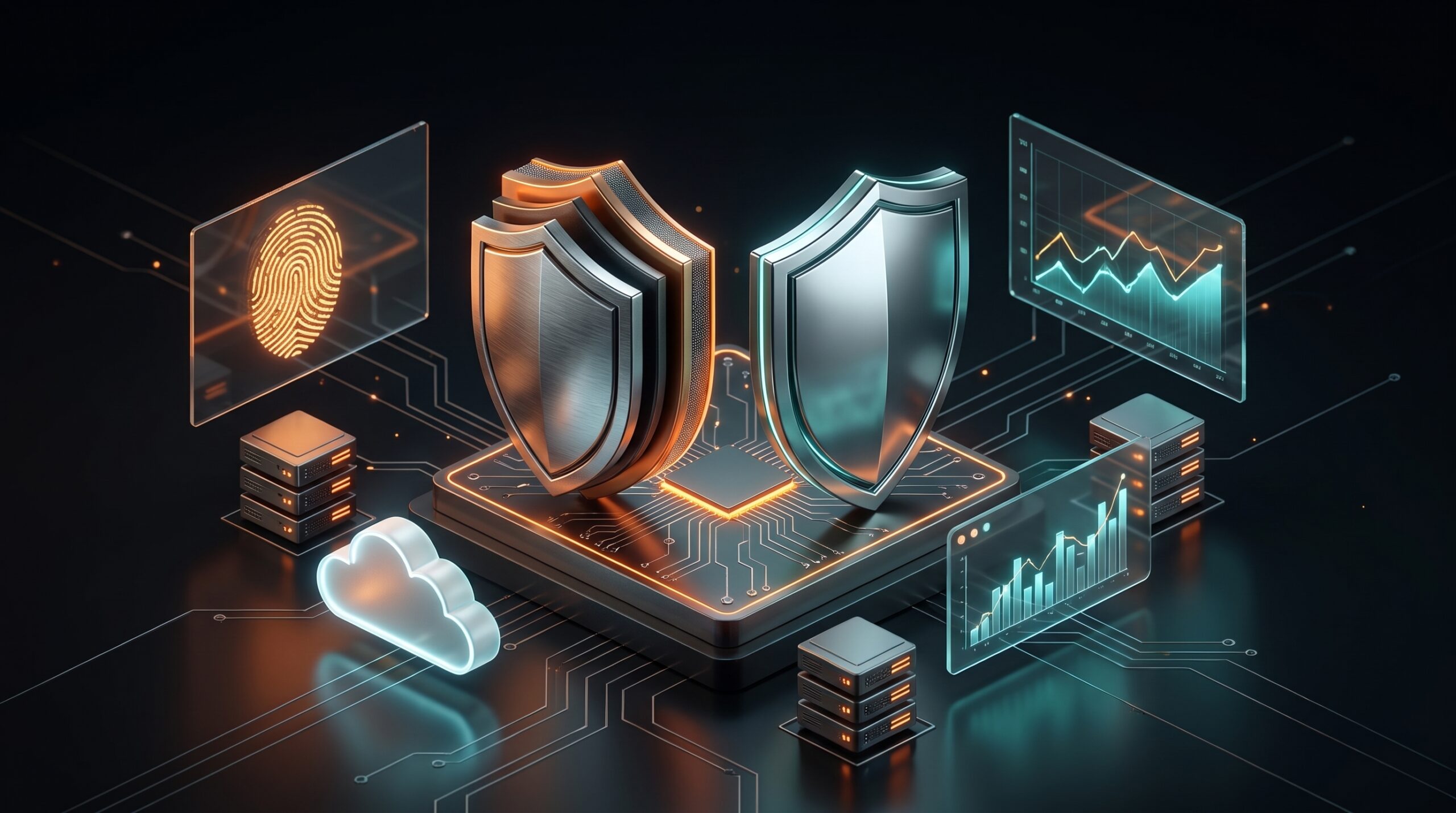 Isometric illustration of two distinct shields representing different Cloudflare WAF profiles for WordPress and Astro