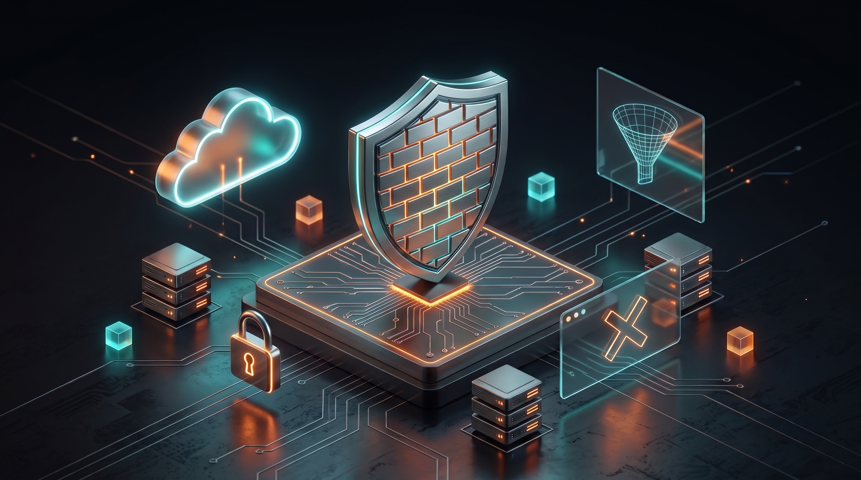 Isometric illustration of a shield with a firewall motif, cloud, server racks and a padlock
